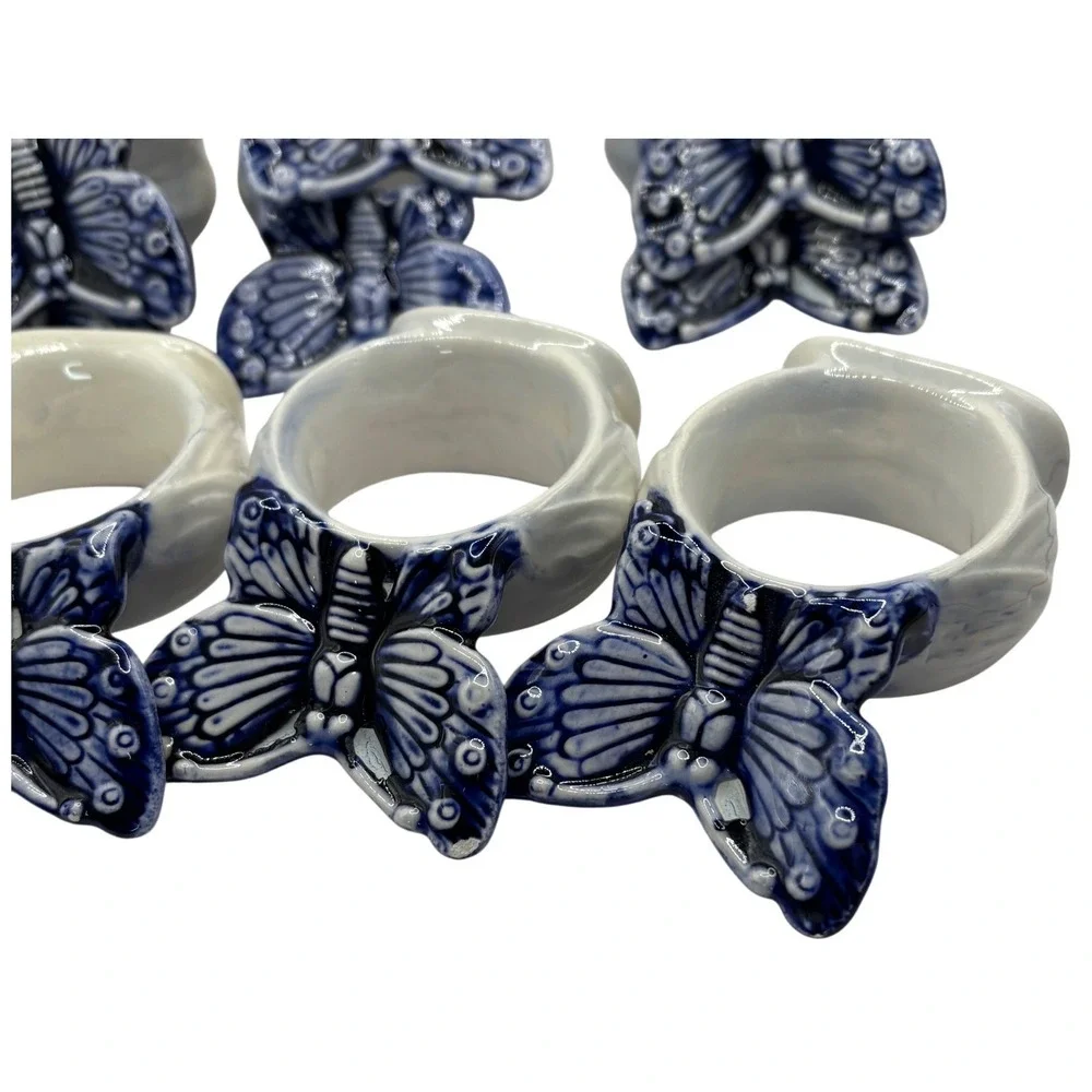 Vintage Handcrafted Butterfly Napkin Rings Set of 8 Blue White‎ Ceramic Decor